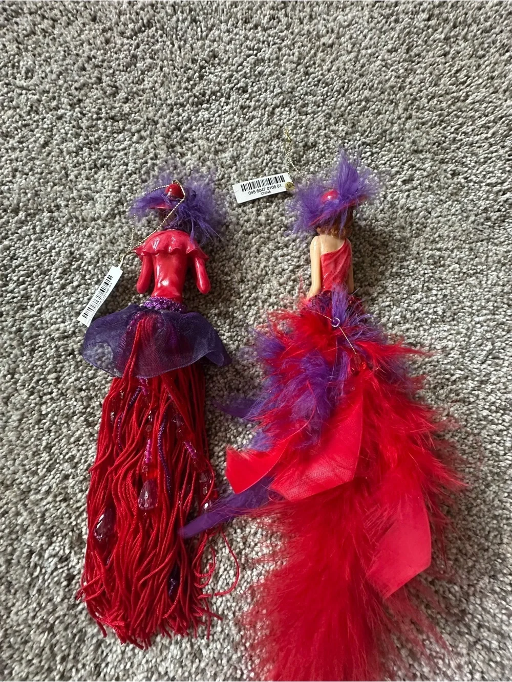 Red Hat Society Ornaments Red and Purple Feathered Doll Pair
